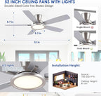 52“ Ceiling Fan with Lights and Remote/APP - Flush Mount Low Profile Ceiling Fan Light with 3CCT Dimmable, 6 Speeds Reversible, Modern Fan Light Fixture for Indoor, Covered Patios, Nickel