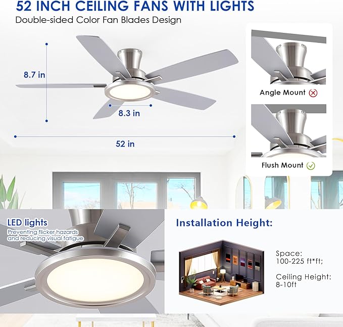 52“ Ceiling Fan with Lights and Remote/APP - Flush Mount Low Profile Ceiling Fan Light with 3CCT Dimmable, 6 Speeds Reversible, Modern Fan Light Fixture for Indoor, Covered Patios, Nickel