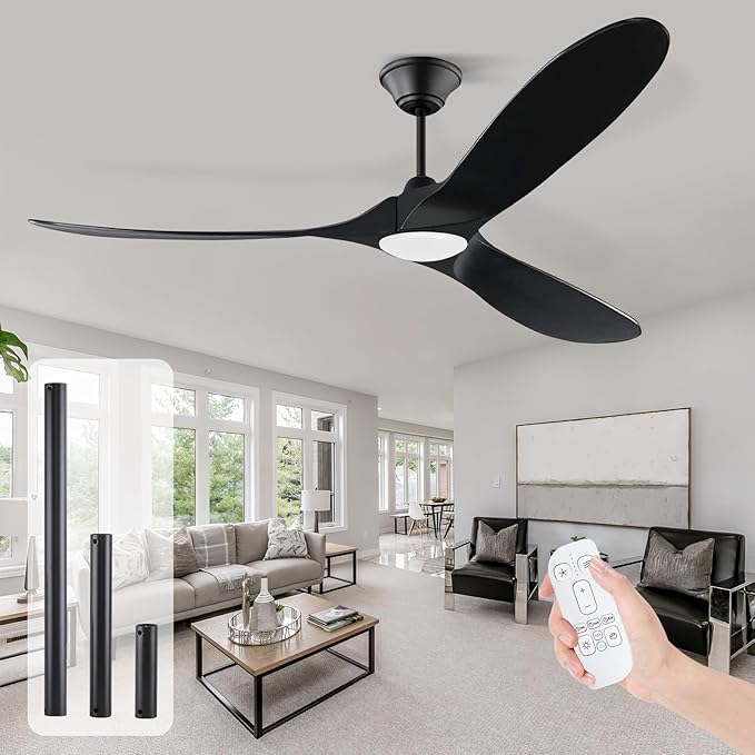 60 inch Outdoor Ceiling Fan for Patios with Light, Black Ceiling Fan with Light, Large Airflow 3 Reversible Solid Wood Blades, DC Motor, Damp Rated Ceiling Fans for Famhouse Exterior Porch