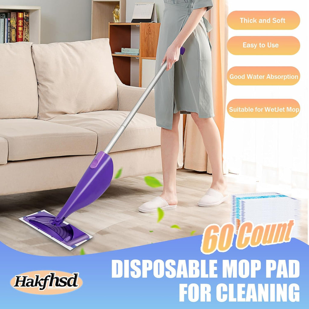 60 Pack Disposable Mop Pad Refills Compatible with Swiffer Wet Jet, Thick Wet Replacement Pads for Swiffer 10-12in Spray Mops,Deep Cleaning and Absorbent
