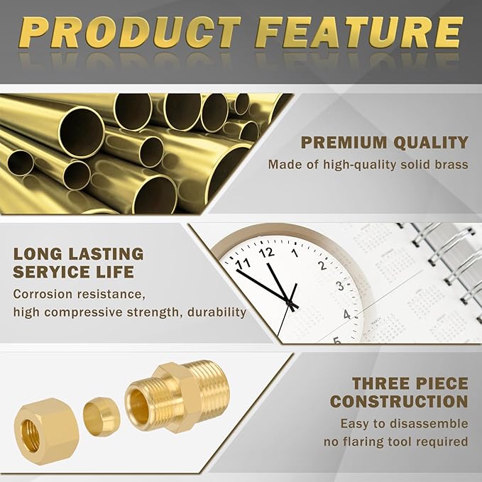 Brass Compression Tube Fitting, Straight Coupling Adapter, 10 PCS 3/8" OD x 3/8" NPT Male Compression Union Connector & 10 PCS Compression Sleeves Ferrules