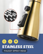 Metal Kitchen Faucet Head Replacement: 3-Function Pull Down Spray Nozzle with 9 Adapters, Sink Sprayer Replacement Compatible with Moen, Delta, Kohler, American Standard Faucets, Brushed Gold