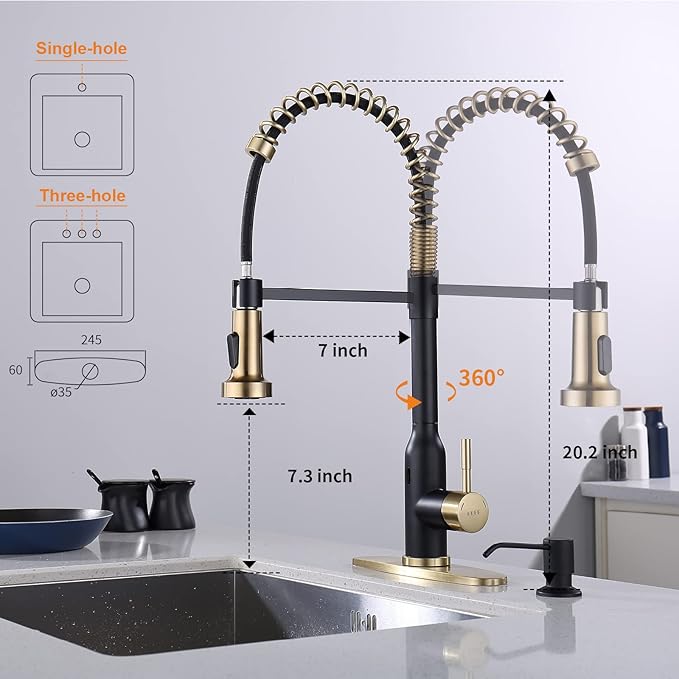 Touchless Kitchen Faucet ， KEER Smart Motion Sensor Hands Free Single Handle Spring Kitchen Sink Faucet with Pull Down Sprayer,Matte Black Gold
