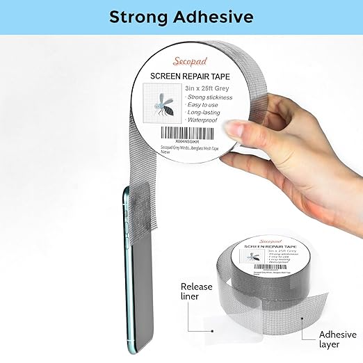 Grey Window Screen Repair Tape, 3IN X 25FT (300IN) Screen Repair Kit for Windows or Doors, Strong Adhesive Patch Kit Fiberglass Mesh Tape