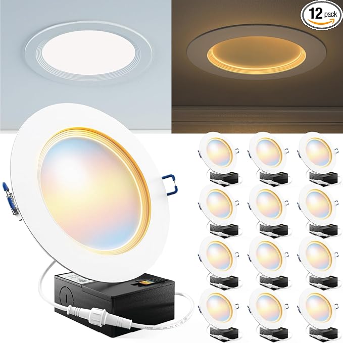 Sunco 12 Pack 6 Inch Ultra Thin LED Recessed Ceiling Lights Slim, Night Light, Baffle Trim, 2700K/3000K/4000K/5000K/6000K Selectable, Dimmable, 14W, Canless Wafer with Junction Box - ETL.