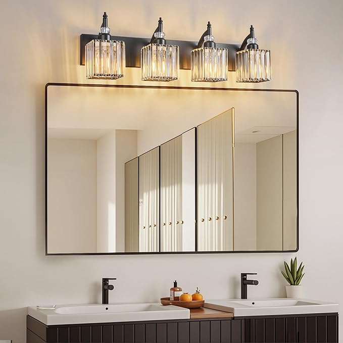 Crystal Vanity Lights - Black 4 Light Modern Bathroom Vanity Light Fixtures Over Mirror