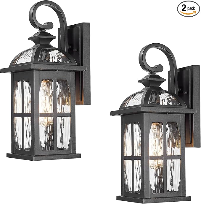Outdoor Light Fixtures Wall Mount Aluminum Outdoor Wall Lights with Water Ripple Glass Waterproof Black Finish Exterior Wall Sconce Porch Lights for House Garage Doorway 15 Inch Height 2-Pack
