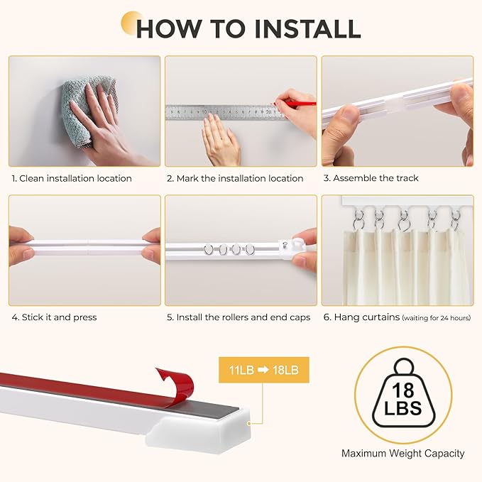 10.8FT Self Adhesive Ceiling Curtain Track No Drill, Curtain Track Ceiling/Wall Mount, Unbendable & Cuttable Track Curtain Rod for RV, Windows, Living Room, Bedroom