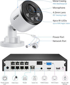 ZOSI 4K PoE NVR Security Camera System,4pcs 8MP Weatherproof Wired PoE Cameras,Smart Person Vehicle Detection,One-Way Audio,People Counting,H.265+ 4K/8MP 8CH NVR with 2TB HDD for Home 24/7 Recording