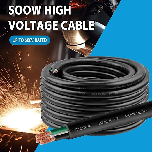 25ft 10/3 10 AWG Portable Power Cable (3 Conductor) - SOOW 600V 10 Gauge Electric Wire for Motor Leads, Portable Lights, Battery Chargers and Machinery - 3 Conductor - 25 Feet Electrical Cord