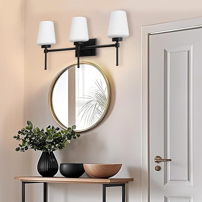 Bathroom Vanity Light Fixtures Brushed Black Over Mirror with Milk Glass Shade Wall Sconce Lighting Lamp Bath 3-Lights (Exclude E26 Bulb)