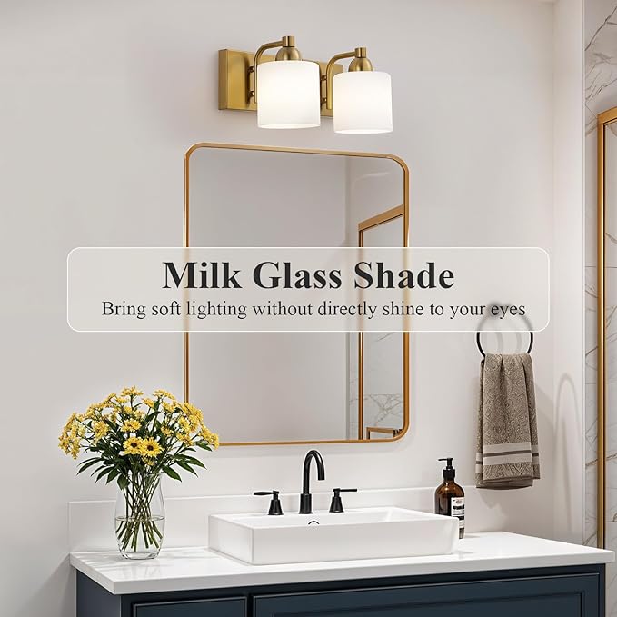 Stainless Steel Milk Glass Vanity Lights for Bathroom, 2 Light Gold Bathroom Light Fixtures Over Mirror, Ceramic E26 Sockets Wall Mounted