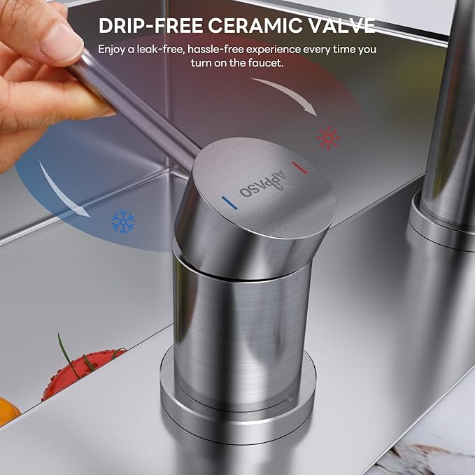 APPASO 3 Hole Kitchen Faucet, Brushed Nickel Kitchen Faucets with Soap Dispenser and Pull Down Sprayer 3 Modes, S304 Stainless Steel High Arch 3 Piece Sink Faucet with Separate Handle