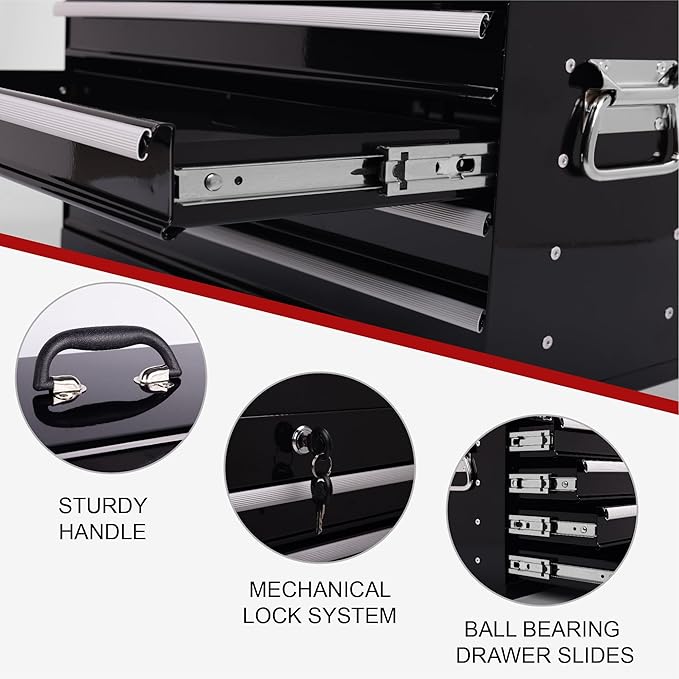 4 Drawers Metal Tool Box, 21" Portable Steel Tool Chest w/Key Lock & Latch Closure, Multi-Function Top Storage Tray Toolbox w/Powder Coating & Ball Bearing Slides for Garage & Workshop(Black)