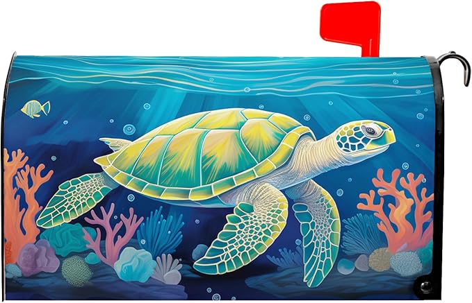Nautical Sea Turtle Coral Seashell Mailbox Covers Summer Ocean Beach Blue Mailbox Covers Magnetic Standard Size 21x18 Inch Waterproof Mail Box Wraps Post Letter Box Covers Garden Yard Outdoor Decor