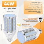 44W LED Corn Light Bulb(2 Pack),Fanless,(390 Watt Equivalent) E26/E39 Medium/Large Mogul Base LED Cob Lamp 5000K Daylight 5,900LM for Outdoor Indoor Garage Warehouse Factory Workshop Street Backyard