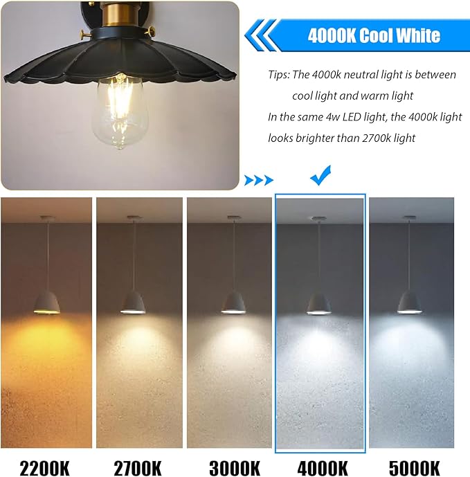 8 Pack 40W Equivalent LED Edison Bulbs 4000K Cool White, ST58 4W Decorative LED E26 Light Bulbs for Hanging Lamp, 90 CRI, 450LM, Non-Dimmable