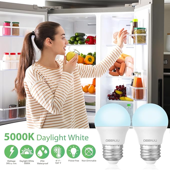 LED Refrigerator Light Bulb, 40W Equivalent, 120V, Fridge Light Bulb 5000K Daylight White, A15 Appliance Bulb 5.5W for Freezer, 650LM, E26 Standard Base, 120V, Non-Dimmable, 4 Pack