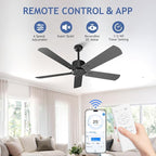 52 Inch Ceiling Fan No Light - Outdoor Indoor Flush Mount Low Profile DC Motor Fan with Remote and APP, 5 Blades Reversible Silent Fan for Patio, Bedroom, Living Room, Garage