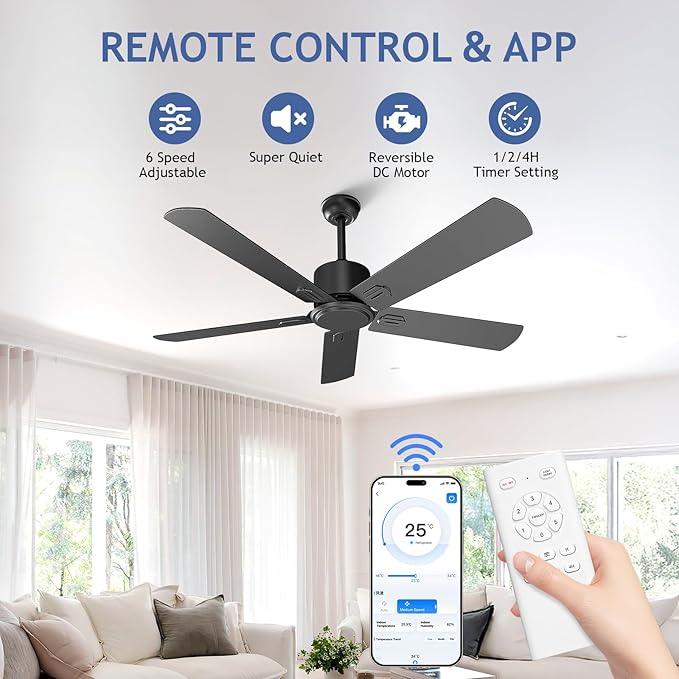 52 Inch Ceiling Fan No Light - Outdoor Indoor Flush Mount Low Profile DC Motor Fan with Remote and APP, 5 Blades Reversible Silent Fan for Patio, Bedroom, Living Room, Garage