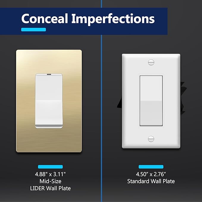 LIDER Screwless Metal-Surface Wall Plate, Decorator Switch Cover, Temperature and Impact Resistant, 201 Stainless Steel, Modern Decoration Upgrade, Mid-Size 1-Gang 4.88" x 3.11", Brushed Brass, 2 Pack