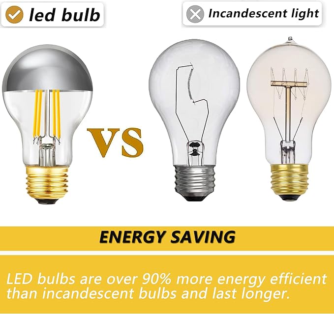 Half Chrome Light Bulb 6W (60 Watt Equivalent), Dimmable A19 2700K Warm White Decorative LED Edison Bulb, E26 Silver Tipped Light Bulb,A60,AC120V, Pack of 4