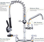 Commercial Kitchen Faucet Wall Mount with Pre-Rinse Sprayer 21" Height Wall Mount Kitchen Sink Faucet 8 Inch Center with 10" Add-on Swing Spout Faucet & Coiled Spring Pull Down Spray