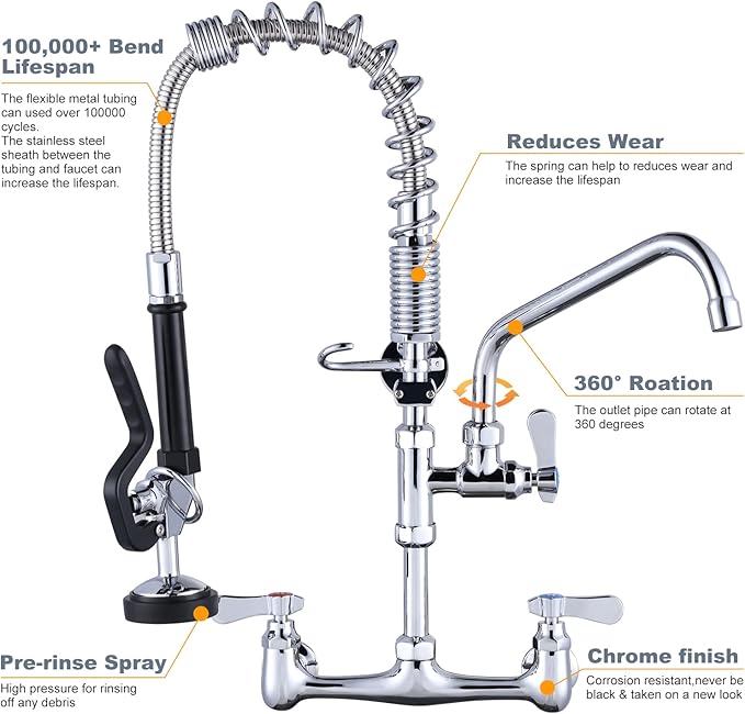 Commercial Kitchen Faucet Wall Mount with Pre-Rinse Sprayer 21" Height Wall Mount Kitchen Sink Faucet 8 Inch Center with 10" Add-on Swing Spout Faucet & Coiled Spring Pull Down Spray