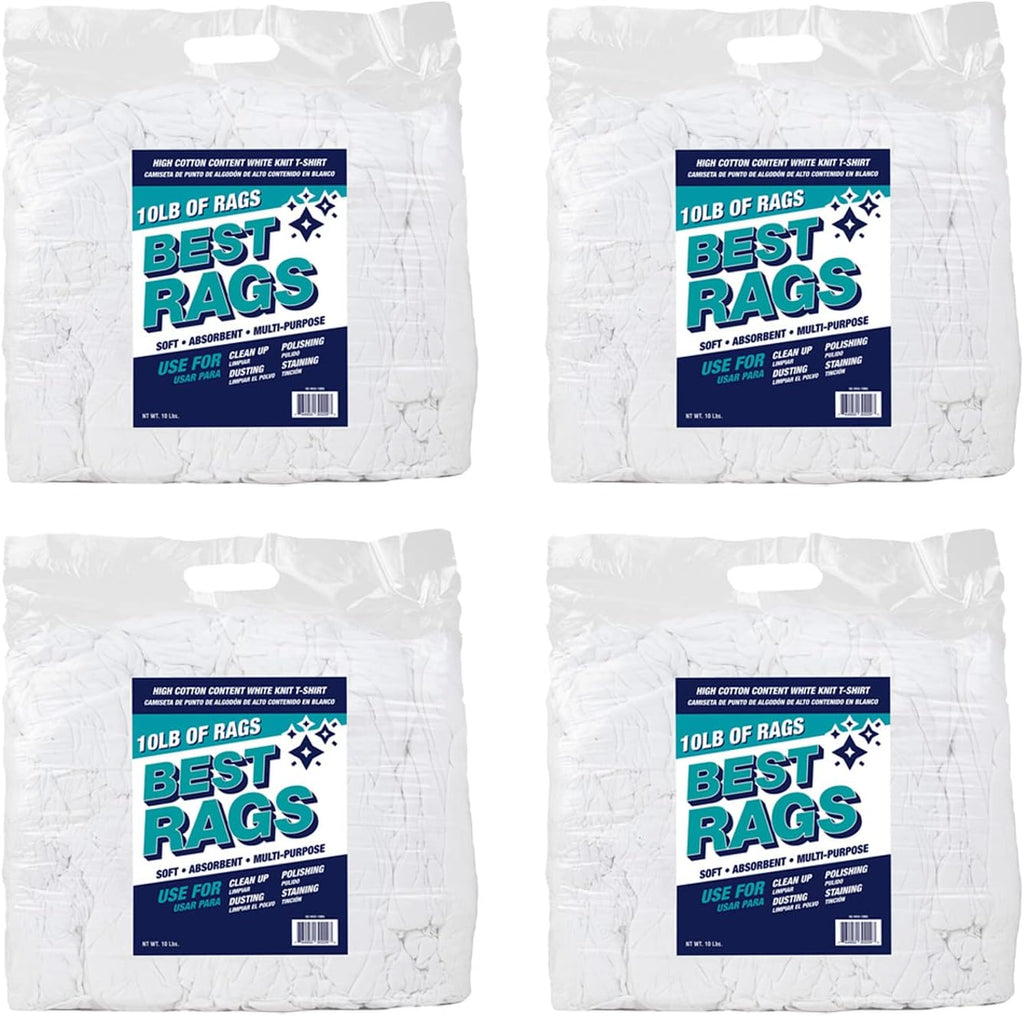 Arkwright W43 Cotton Tshirt Rags - 10 lb Bag - (Case of 4) Soft Lint Free Cloths for Cleaning, Streak & Scratch-Free, Professional Grade Bulk Wiping Towels for Polishing, Painting, and Staining, White