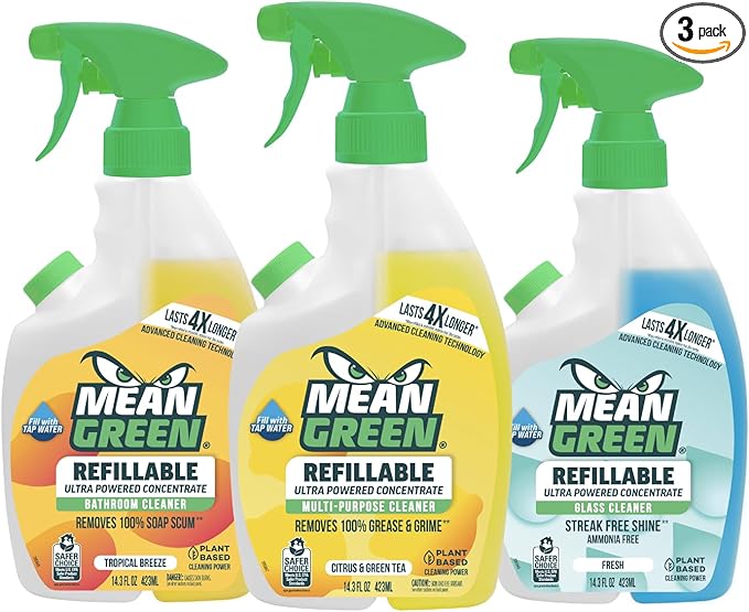 Mean Green Ultra Powered Refillable Cleaner Concentrate Variety 3 Pack – Multi-Purpose Citrus & Green Tea, Bathroom Tropical Breeze, Glass Fresh – 14.3 fl oz Each