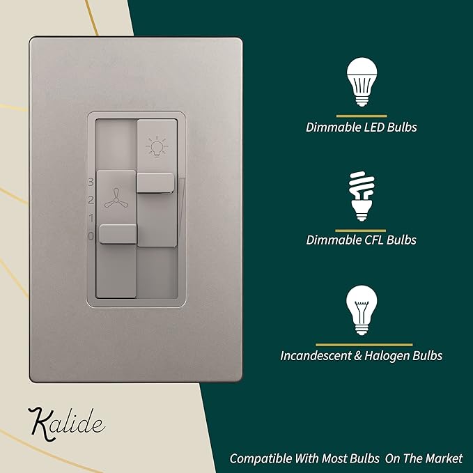 TOPGREENER Kalide Combo Dimmer Switch with 3-Speed Fan Control, Light and Fan Combination Switch, Single Pole, 2.5A, 200W LED/CFL, Neutral Wire Not Required, TGDSFS3-NK, Nickel