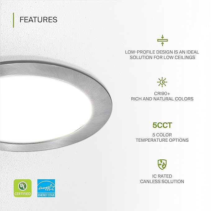 ASD 6 Pack LED Recessed Lighting 6 Inch 15W, 5 CCT 2700K-5000K CRI90+, IC Rated Ultra Thin Dimmable Ceiling Lights with J Box, Canless Wafer Downlight, Round Slim Panel Light, UL Energy Star, Nickel