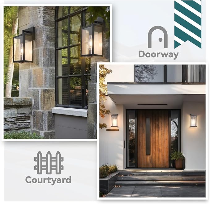 2-Pack Outdoor Wall Light Fixture with Tempered Glass, Exterior Wall Lantern with Easy-to-Clean Design, Waterproof Anti-Rust Wall Sconce for Front Porch, Black, E26 Base