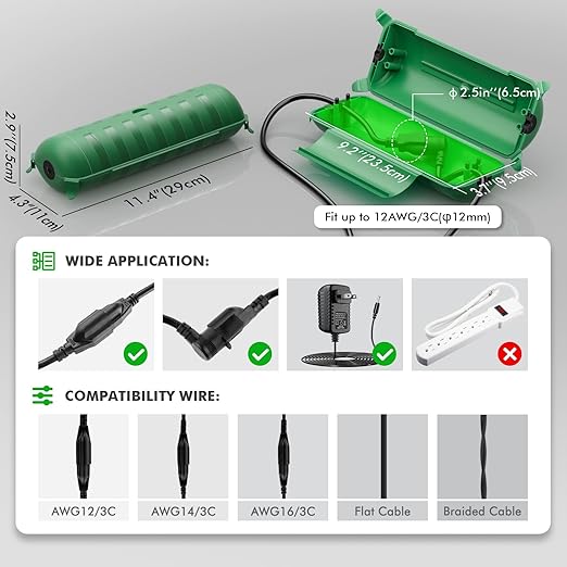 2 Pack of IP44 Outdoor Waterproof Box by Restmo, Weatherproof Extension Cord Cover, Safety Connection Seal for Outdoor Outlet, Electrical Plug, Holiday Decorations, LED Strip Light, Power Tool, Green