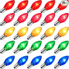 25 Pack Multi-color C7 Replacement Christmas Light Bulbs Vintage Colorful Light Bulbs, for Xmas C7 String Lights Replacement Bulbs & Christmas Tree Home Party Yard Color Bulb Decor, E12 Base, 5W