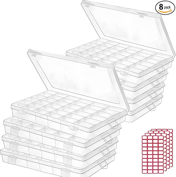 8pack 36 Grids Plastic Clear Organizer Box bead Storage Containers with Adjustable Dividers for Craft Jewelry Fishing Tackles Parts Storage with 8 Sheets Label Stickers