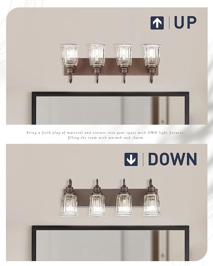 Bathroom Vanity Light - HWH 4-Light Vanity Lights for Bathroom Wall Mounted Light Fixtures Over Mirror, Oil Rubbed Bronze Vanity Light with Bell-Shaped Clear Glass, 5HZG106B-4W ORB