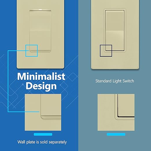 LIDER Minimalist Design Matte Finish Lighted Decorator Switch, Frameless Paddle Light Switch with Locator Light, Grounding Screw, 15A 125V, UL Listed, LS15-1P-I, Ivory