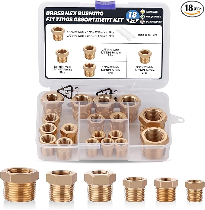 18PCS Brass Hex Bushing Fitting Kit,1/4" - 1/8", 3/8" - 1/8",3/8" - 1/4",1/2" - 1/4",1/2" - 3/8",3/4" - 1/2" NPT Pipe Fittings