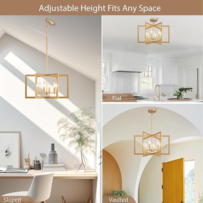 Gold Chandelier Modern Geometric 6-Light, Farmhouse Dining Room Light Fixture Over Table Kitchen Island Lighting Fixtures Metal Hanging Pendant Lighting, E12