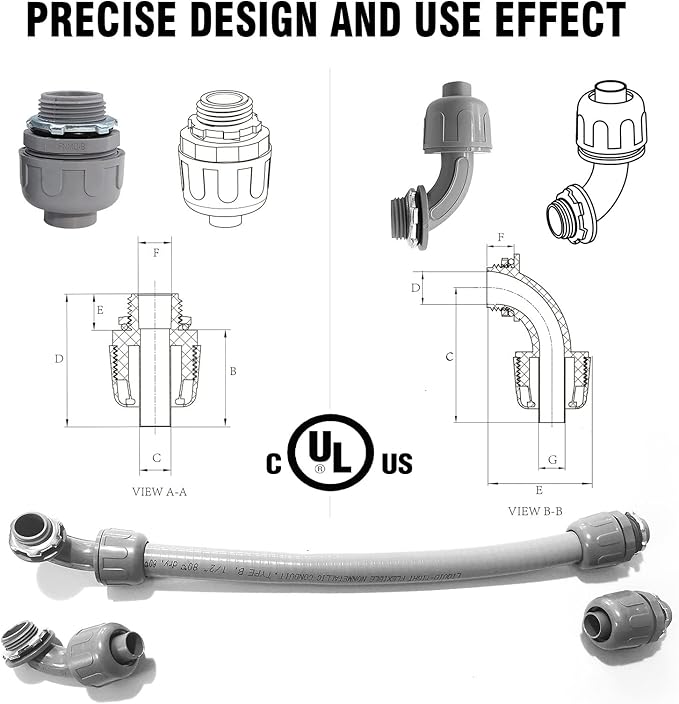 10Pack 2" Liquid Tight Connector PVC Electrical Conduit Fittings Straight 180 Degree Flexible Conduit Connector for Home Kitchen Bathroom Tube Tool Supplies,UL Listed