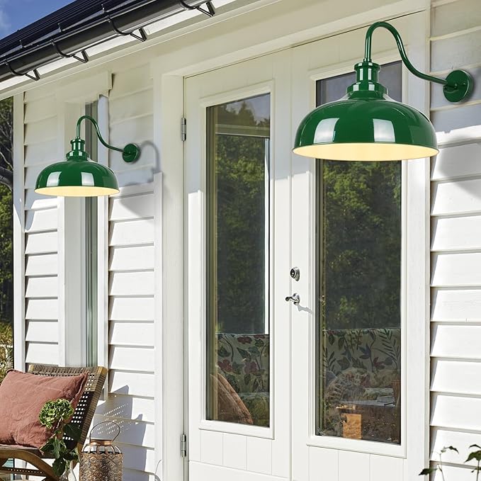 Outdoor Gooseneck Barn Light, 14 Inch Dome Rustic Outdoor Wall Sconce, Farmhouse Exterior Wall Mount Lighting Fixture, Industrial Green Wall Lantern for Porch, Entryway, Garage, RZ007M GR+WH