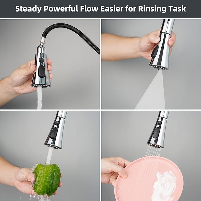 Hibbent 3-Function Pull Down Kitchen Faucet Head Replacement with 12 Adapters, NSF/ANSI/CAN 61 & CUPC Certified Sink Spray Nozzle, Compatible with Moen, Delta, Kohler Faucets, Chrome