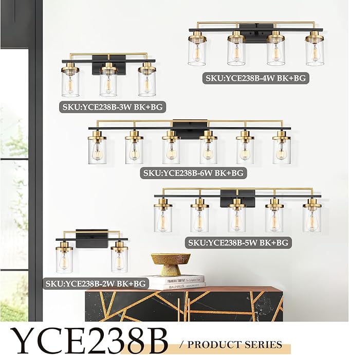 Emliviar Large 6-Light Farmhouse Bathroom Sconces Wall Lighting for Living Room, Modern Vanity Light Over Mirror with Clear Glass Shades, Black and Gold Finish, YCE238B-6W BK+BG