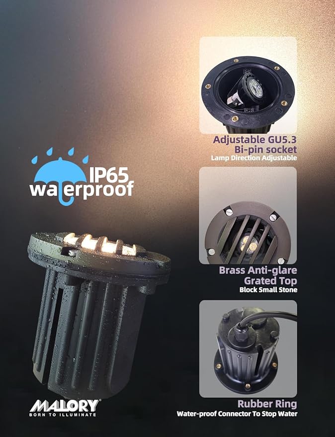 MALORY Brass Top Cover Landscape Well Lights, (5''H) 12V Low Voltage Outdoor In Ground Lights,Landscape Lighting for Pathway, Driveway and Garden 4 Pack with MR16 Bulb (Grated Top, 4-Pack with Bulb)