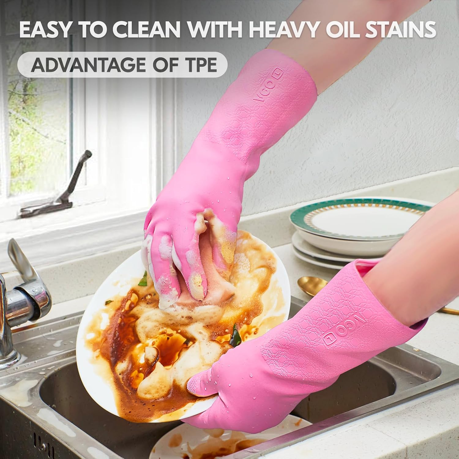 Vgo... Household Cleaning Gloves,Double-layer,Lined Dishwashing Gloves,Long Sleeves for Kitchen,Bathroom Cleaning(TP1117)