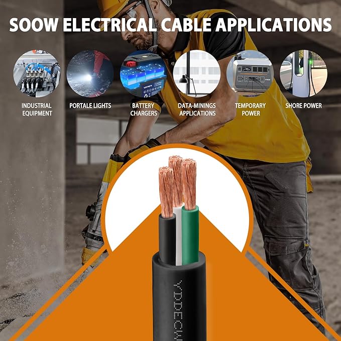 100ft 10/3 10 AWG Portable Power Cable - SJOOW 300V 10 Gauge Electric Wire for Motor Leads, Portable Lights, Battery Chargers and Machinery - 3 Conductor - Black Electrical Cord