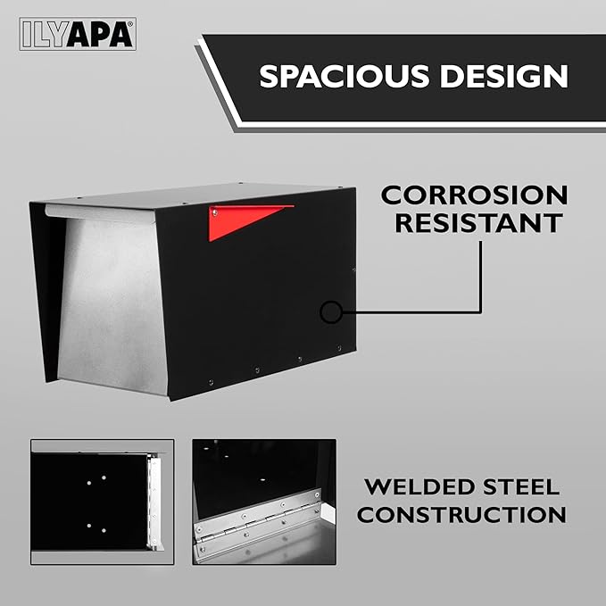 Ilyapa Modern Mailbox for Post Mount - Black with Gray Door Powder Coated Steel, Waterproof Letter Box for Parcels, with Recessed Magnetic Close Door