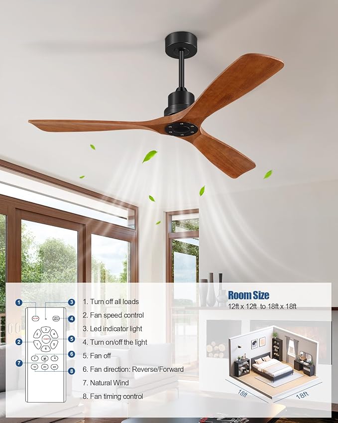 60 Inch Ceiling Fan No Light, Outdoor Ceiling Fan with Remote, 3 Downrods, 3 Wood Blades, Timer, 6 Speeds Indoor Modern Ceiling Fans Without Lights Noiseless Reversible DC Motor for Patios Bedroom