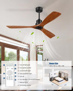 52 Inch Ceiling Fans Without Lights, Outdoor Ceiling Fan No Light with Remote, 3 Downrods, 3 Wood Blades, Timer, 6 Speeds Modern Ceiling Fan Noiseless Reversible DC Motor for Patios Porch Bedroom